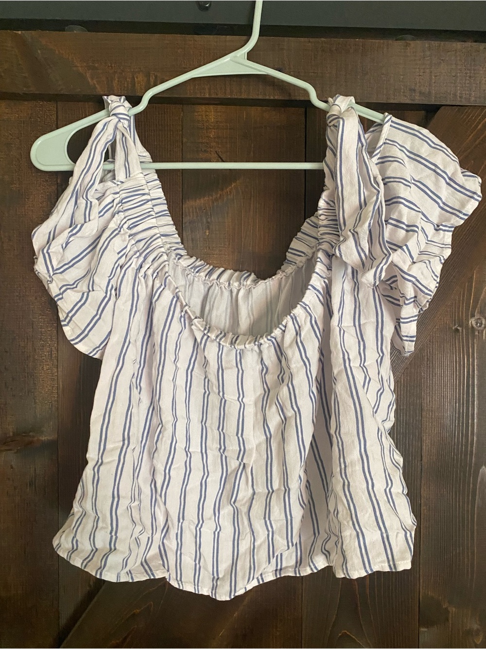 She + Sky Blue Striped Off-the-Shoulder Tie Strap Crop Blouse - Size L